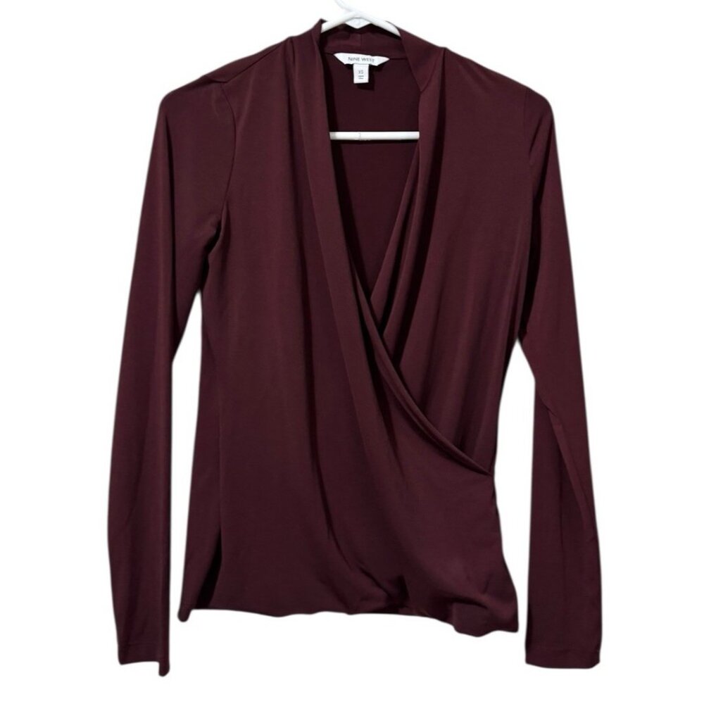 Nine West Long Sleeve Blouse Shirt Women Size XS V-Neck Crossover Front Stretch